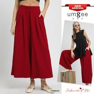 Umgee Elastic Waist Side Pockets Pleated Detail Wide Leg Palazzo Pants | Crimson